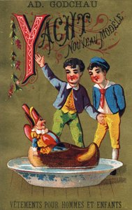 Letter Y: ヨットのニューモデル。Alphabet des grotesques "のエングレーヴィング。ドール地に25枚の広告用クロモリトグラフのシリーズ、19世紀後半。寸法：11x7cm 作： Unbekannt