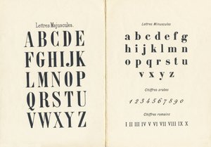 大文字、小文字、アラビア数字、ローマ数字 - 「ABCD des petites filles」から抜粋したエングレービング。Pellerin & Cie, imprimeur-editeur, Epinal, circa 1890.シリーズA。寸法 : 19 x 13,5 cm 作： Unbekannt