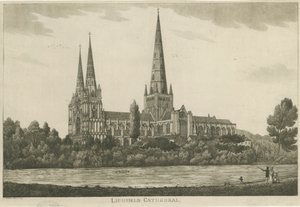 リッチフィールド大聖堂-サウスビュー：アクアチントの彫刻、nd [c 1820-1830] 作： Unbekannt