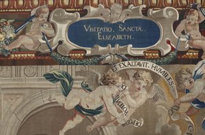 聖母の生涯。「詳細 シャルル・ポアソン（1609-1667）のデッサンをもとにピエール・ダムールの工房で制作されたウールとシルクのタペストリー。 作： William M. Timlin