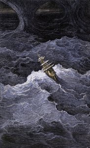 文学：海の真ん中のボート。サミュエル・テイラー・コールリッジ（1772-1834）の小説 "Rime of the Ancient Mariner "の挿絵。ギュスターヴ・ドーアの挿絵によるカラー・エングレーヴィング。 作： Unbekannter Künstler