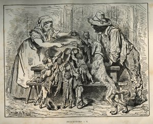 小さなプーレと空腹の兄弟。シャルル・ペロー（1628-1703）の「Les contes」からギュスターヴ・ドーア（1832-1883）が描いた版画。 作： Unbekannt