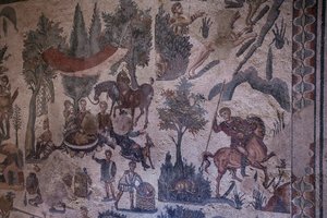 リトルハントホール。モザイクの全体像。3〜4世紀。シチリア、カサーレのローマ・ヴィラ。ユネスコのサイト。 作： William M. Timlin