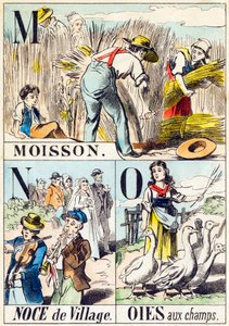 M N O : Moisson, Noce de village, Oies aux champs - "Alphabet of the farm" 19世紀末 (carving)