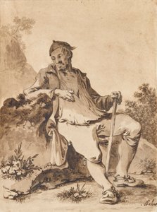 石の上で休む帽子と杖を持つ男 作： Unbekannter Künstler