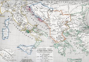 神聖ローマ皇帝オットー1世、オットー2世、オットー3世の治世下、ブルガリアとイタリアを占領したビザンツ帝国の地図