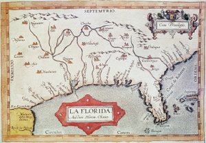フロリダ "のマッピング。北回帰線、バハマ諸島、トルトゥガス諸島が見える。地図製作者アブラハム・オルテリウス（1527-1598）の "Teatrum Orbis Terrarum "には、次のように書かれている。 作： Unbekannter Künstler