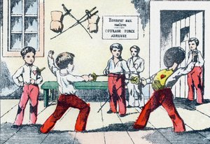 武器の達人。Alphabet militaire enfantin "に掲載された版画。1890年頃のポン・ア・ムソンのイメージ。20ページ。寸法：28.5x21cm 作： Unbekannt