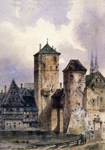 ライン川沿いの中世都市、1850-1900年頃（水彩画） 作： Unbekannter Künstler