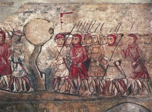 征服者として知られるアラゴン王ジェームズ1世が主宰する軍事集会（バルセロナ、パラウ・レイアル・マジョールのフレスコ画 作： Unbekannter Künstler