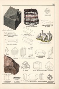 鉱物と結晶（蛍石、セレスタイン、繊維状宝石塩）-グスタフ・アドルフ・ケンゴット（1818-1897）著「鉱物学のクロモリ」、ゴッティルフ・ハインリヒ・フォン・シューベルト（1780-1860）著「博物誌」より抜粋