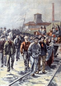 1906年頃、クールリエールでストライキ中の鉱夫たち（イラスト）。 作： Unbekannter Künstler