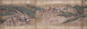 サル狩り（インク、色、紙） 作： Unbekannter Künstler