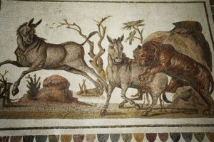 動物の戦いのモザイク：虎が二人のナイトプリマージュを襲う。紀元後2世紀／エル・ジェム博物館（アンティーク・シズドルス）／チュニジア 作： Unbekannt
