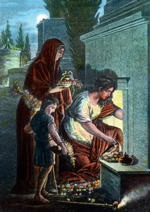 イタリア、ローマのカタコンブ地区で、愛する死者の墓に生贄を捧げる弔問客たち。 作： Unbekannter Künstler