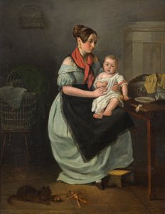 膝の上に子供を乗せた母親 作： Unbekannter Künstler