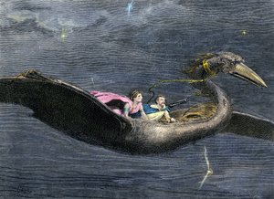 神話と伝説：ロク（アラブ・ペルシャ神話の巨大な鳥。千夜一夜物語に登場する）。19世紀の彩色エングレーヴィング。 作： Unbekannter Künstler