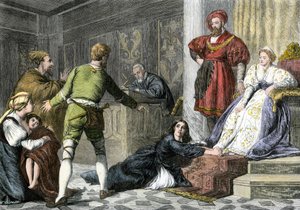 神話と伝説：中世に魔女として告発されたユダヤ人の娘。19世紀のカラー版画。 作： Unbekannter Künstler