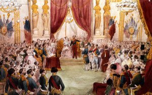 1853年、ナポレオン3世の市民結婚式 : 妻エウジェニアを宮廷に紹介する皇帝、水彩 19世紀 作： Unbekannter Künstler