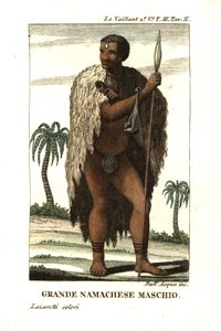 南アフリカの高貴なナマクア人。毛皮のマントとコッドピースを身につけ、槍を持っている。 作： Unbekannter Künstler