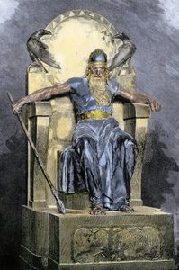 北欧神話：神ヴォータン（オーディン）の表現。19世紀のカラー版画。 作： Unbekannter Künstler
