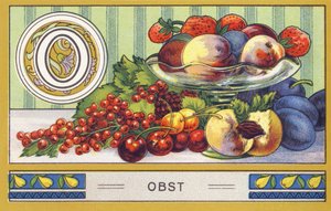 O : Obst - Alphabet Palmin.H. Schlinck & Cie, Hamburg, n.d.で出版された一連のクロモリトグラフ。Palmin feinstes Cocosfettの広告です。サイズ : 7 x 11 cm 作： William M. Timlin