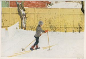 スウェーデンのイラストレーターCarl Larsson（1853-1919）の子供の一人が、スキーで動くことを学んでいる様子。1921年の "Das haus in der sonne "からのドローイング。 作： Unbekannt