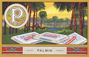 P：パルミン - アルファベットのパルミン。H. Schlinck & Cie, Hamburg, n.d.で出版された一連のクロモリトグラフ。Palmin feinstes Cocosfettの広告です。サイズ : 7 x 11 cm 作： William M. Timlin