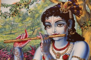 屋外で笛を吹くヒンドゥー教の神クリシュナを描いた絵画。インド 作： Unbekannt