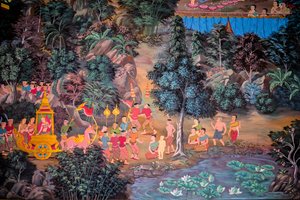 Maalauksia kyläkohtauksista Buddhan kanssa Thaimaassa, Wat bang riang, Thub Pat/ Paintings, Wat bang riang, Thub Pat, Phang Nga, Thaimaa, Aasia (kuva) 作： Unbekannter Künstler