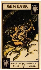 Paranormal. Astrology. Gemini (the Twins). Astrologic card from: Le Tarot Astrologique (Astrological Tarot), by Georges Muchery, France   1438865   ja       japanese Successfully Translated  Original: Olivia Returns to Her Family Translat: Olivia Returns t 作： Unbekannter Künstler