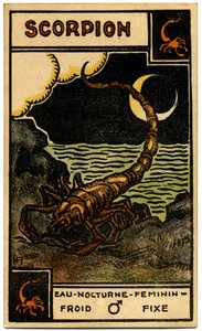 超常現象。 占星術。 蠍座（スコーピオン）。 占星術カード: Le Tarot Astrologique (Astrological Tarot)、Georges Muchery、フランス 作： Unbekannter Künstler