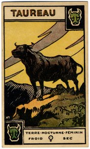 超常現象。 占星術。 おうし座（雄牛）。 占星術カード: Le Tarot Astrologique (Astrological Tarot)、Georges Muchery、フランス 作： Unbekannter Künstler