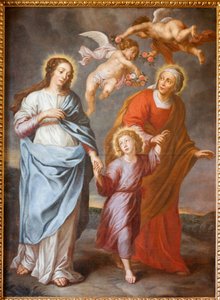 教区教会 (Parochiale kerk Sint-Dionysius van Lede)。 インテリア。 北通路。 祭壇。 ペインティング。 聖家族。 作： Unbekannter Künstler