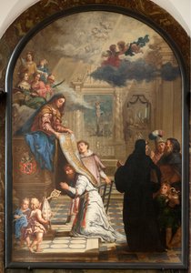 教区教会（聖母教区教会）。 インテリア。 ペインティング。 Saint-Ildefonsusにchasubleを与える聖母. 作： Unbekannter Künstler