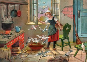 ハトと農民の少女。 （1920年頃のイラスト）