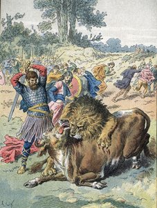 勇気を証明するためにシャン ド マルスでライオンと雄牛と戦うペピン (751) 作： Unbekannter Künstler