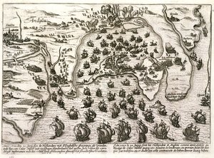 サー・ウォルター・ローリーによる攻撃時の1596年のカディス港の計画（彫刻） 作： Unbekannter Künstler