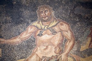 ポリューム・ホール。シクロプスがヤギの内臓を食べている様子の詳細。3～4世紀。シチリア、カサーレのローマ・ヴィラ。ユネスコ世界遺産。 作： Unbekannt