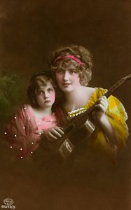 ギターを持った2人の女性が描かれた絵葉書、"Album para Tarjetas postales" 作： Unbekannter Künstler