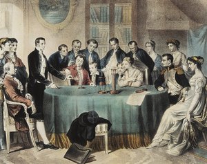 1801年、ヴォルタがナポレオン・ボナパルト第一執政に贈った電気電池の実験（エングレーヴィング） 作： Unbekannter Künstler