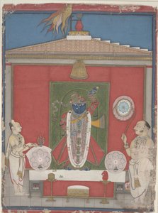 Priest Worshipping an Image of Shri Nathaji, mid-19th century (opaque watercolour on paper)   1456958   ja       japanese Successfully Translated  Original: Narcissus, Plum Tree and Landscape (ink & colour on paper) Translat: Narcissus, Plum Tree and Lands 作： Unbekannter Künstler