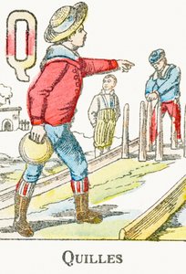Q: スキットルズ - 1890年頃の「Alphabet des jeux」からのエングレービング 作： Unbekannt
