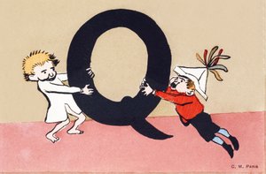 Q は quarrel（喧嘩）の略で、子供用のアルファベットです。C.M. editeur, Paris.手描きのポストカード、1904年のフランが付いています。サイズ : 14 x 9 cm 作： Unbekannt