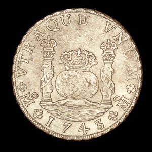 希少銀貨、スペイン領アメリカ、フェルディナンド6世、8レアル、ジブラルタ海峡のヘラクレスの柱と地球儀、王冠