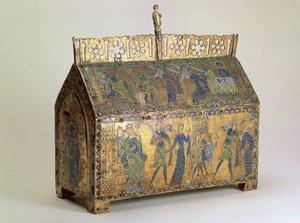 聖バレリアの生涯の場面、リモージュ、1175年頃の聖骨箱（木、銅の金箔、シャンプーブのエナメル） 作： Unbekannt