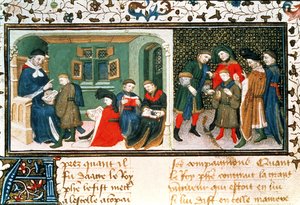Roy 17 E III f.209r 師匠と弟子たち、バルトロメウス・アングリクス作「デ・プロプリエテス・デ・チョーゼス」より（ベラム）