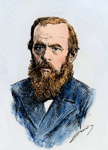 ロシアの小説家フョードル・ドストエフスキー（1821-1881）。19世紀の挿絵の手彩色木版画。 作： Unbekannter Künstler