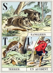 S T U : Sanglier, Terrier, Un accident - The Hunting Alphabet, c.1890 (carving) 作： Unbekannt
