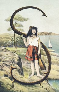 S：短いスカートとノースリーブのボディスを着た若い女の子が、左手にマンドリンを持っています。カントリーデコレーション - アルファベット文字 Ref Th. E., L. Theochrom - Serie 994.テオドール・アイスマン（ライプツィヒの出版社 作： Unbekannt